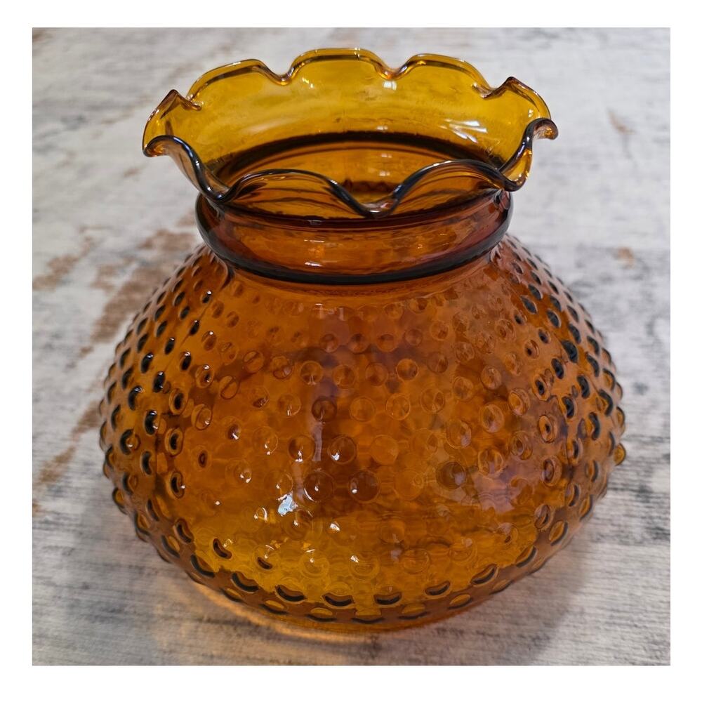 Vtg Fenton Amber Hobnail Glass Hurricane/Parlor Lamp Shade Ruffled Rim 4" Fitter